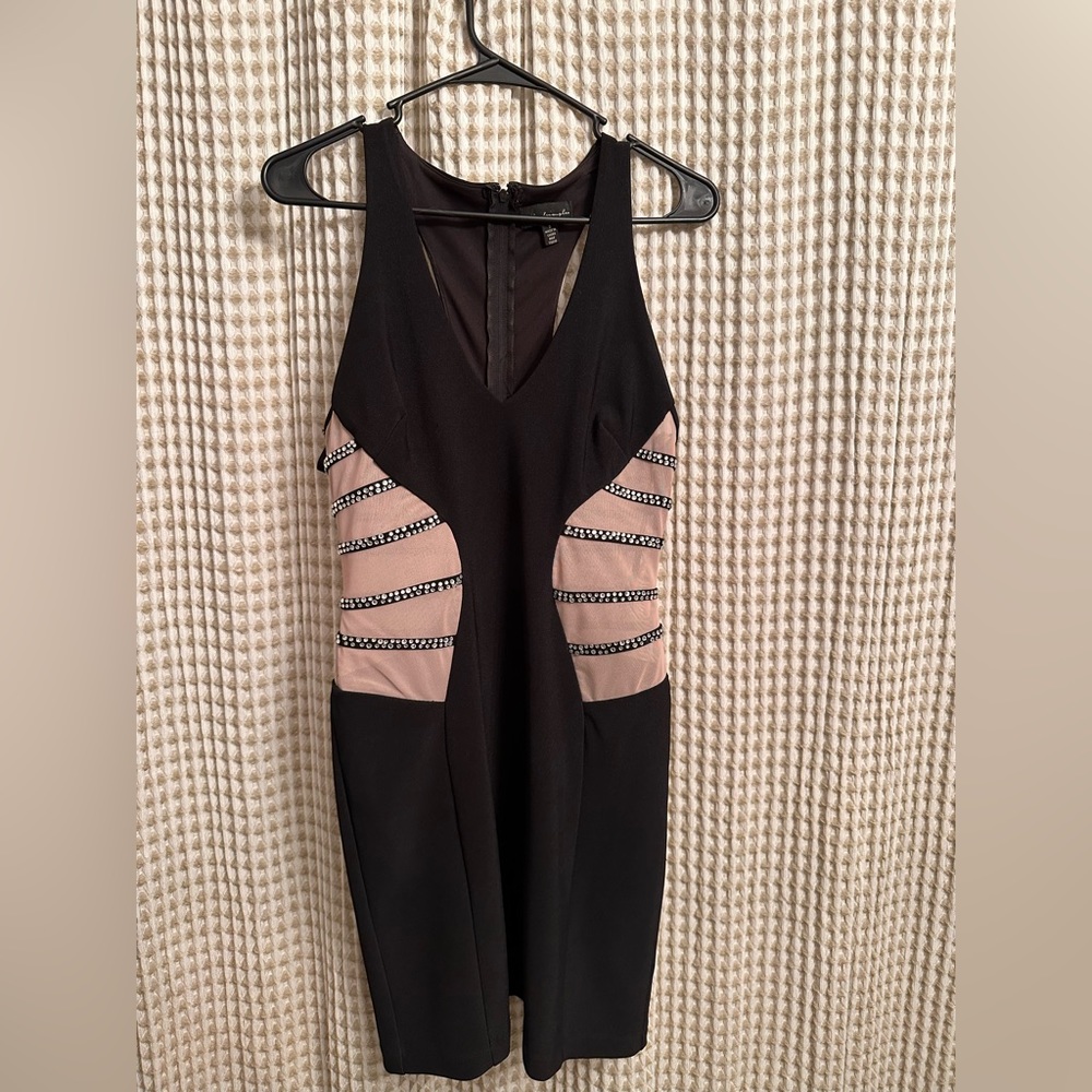 Black Sleeveless Dress with Nude Mesh and Rhinestones